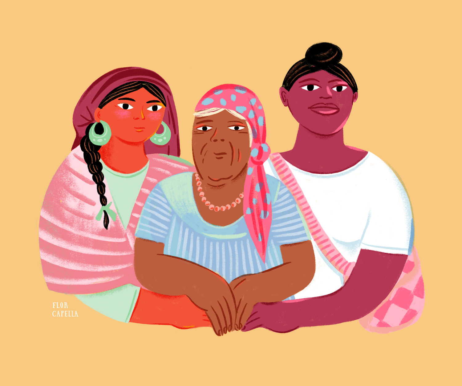 Drawing: three Indigenous women.
